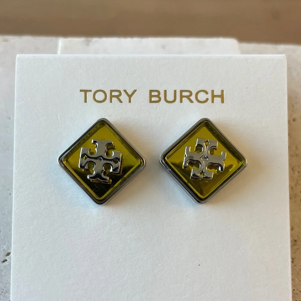 Tory Burch Logo Stud Earrings Olive Green Square Gold Silver Tone